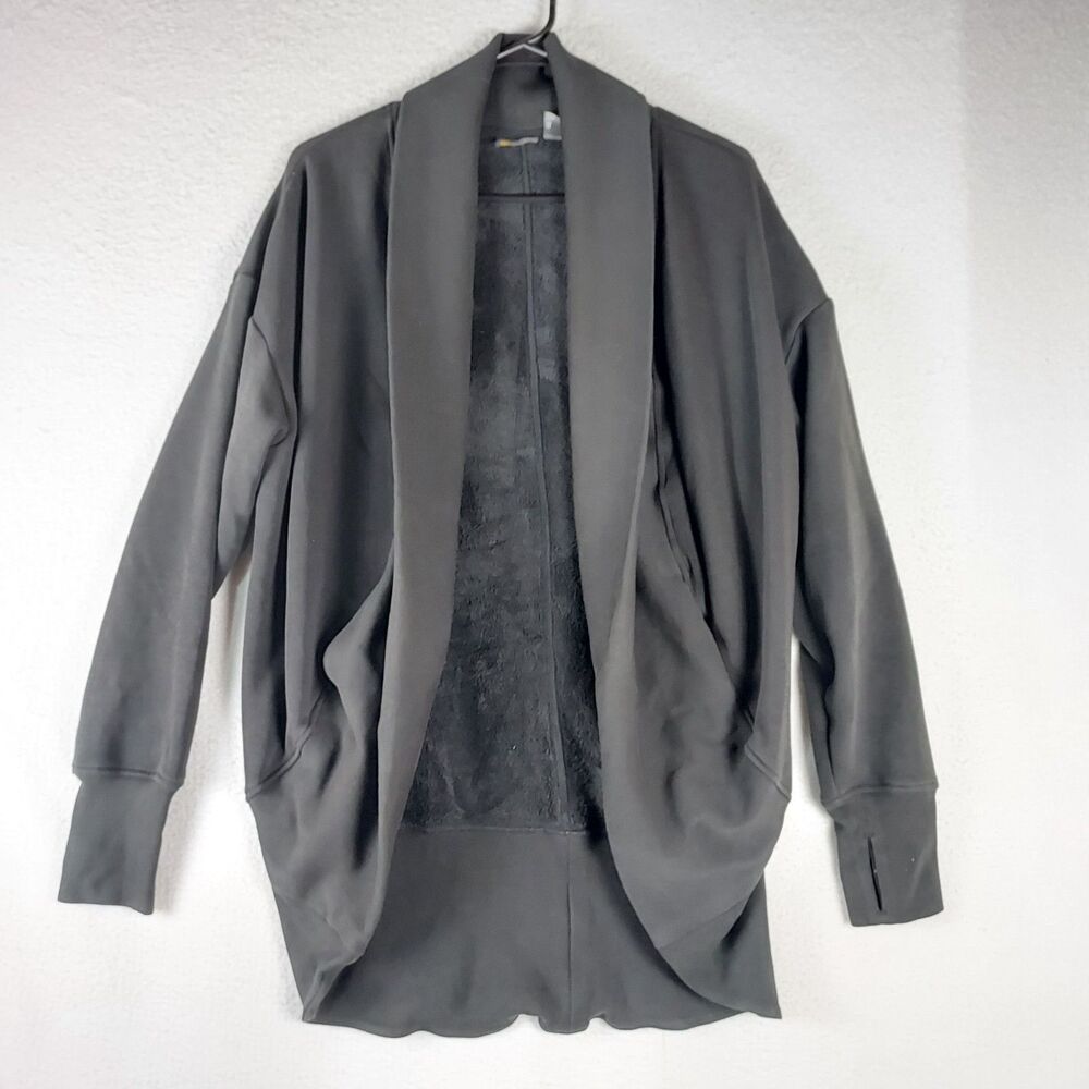 Zella Womens S Black Fleece Lined Cozy Wrap Cardigan Thumbholes Lounge Jacket